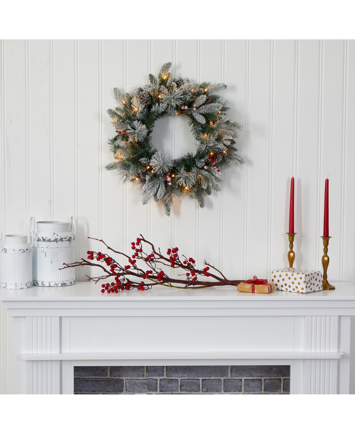 Nearly Natural Flocked Mixed Pine Artificial Christmas Wreath with 50 Led Lights, Pine Cones and Berries
