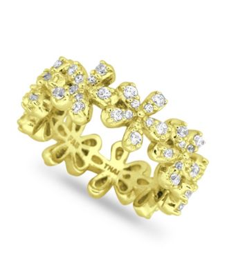 Cubic Zirconia Flower Band Ring in Silver Plate & 18K Gold Plate