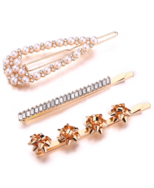 image of Inc 3-Pc. Gold-Tone Bow, Crystal & Imitation Pearl Bobby Pin Set, Created for Macy-s