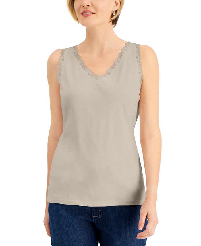 Karen Scott Cotton ScallopedLace Tank Top, Created for Macy's