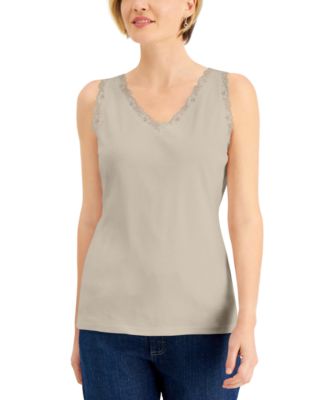 thumbnail image 2 of Karen Scott Cotton Lace-Trim Tank Top - Hip Length Casual Tank 2 of 10