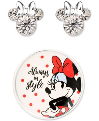 Minnie Mouse Clear Crystal Stud Earrings in Sterling Silver with Bonus Trinket Dish