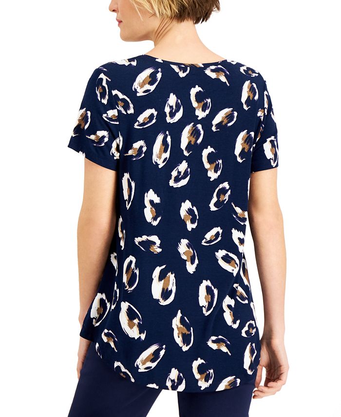 Jm Collection Womens Printed Scoop Neck Top Blue Size Petite Small