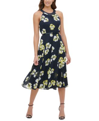 tommy hilfiger printed belted halter midi dress