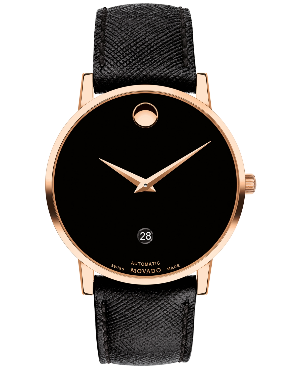 Movado Men's Swiss Automatic Museum Black Calfskin Strap Watch 40mm In Rose Gold