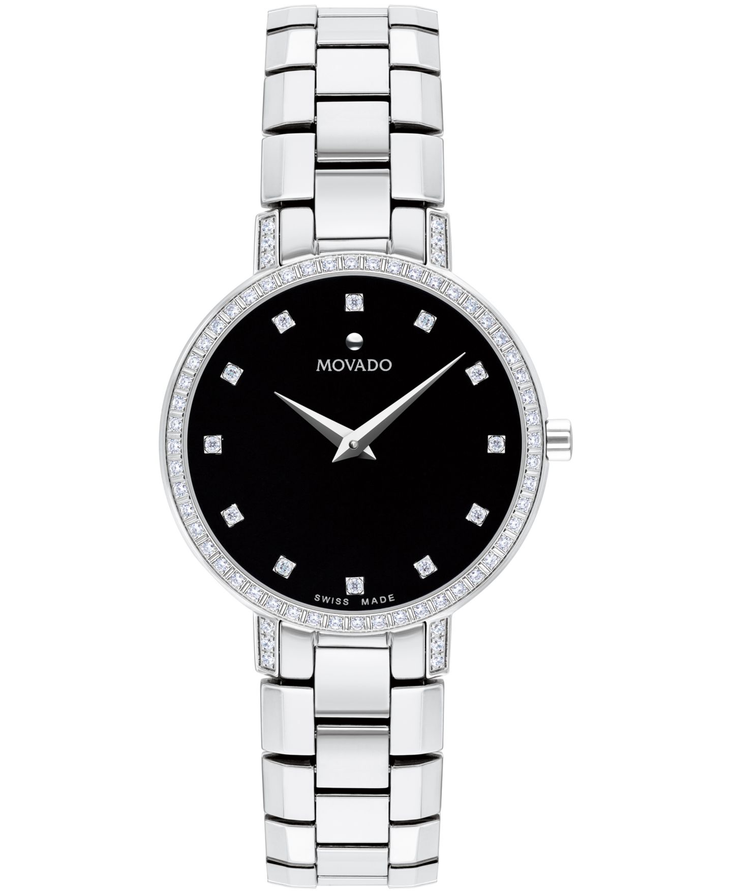 Женские часы Movado Swiss Faceto Diamond (1/4 ct. t.w.) Stainless Steel Bracelet Watch 28mm — фото 1
