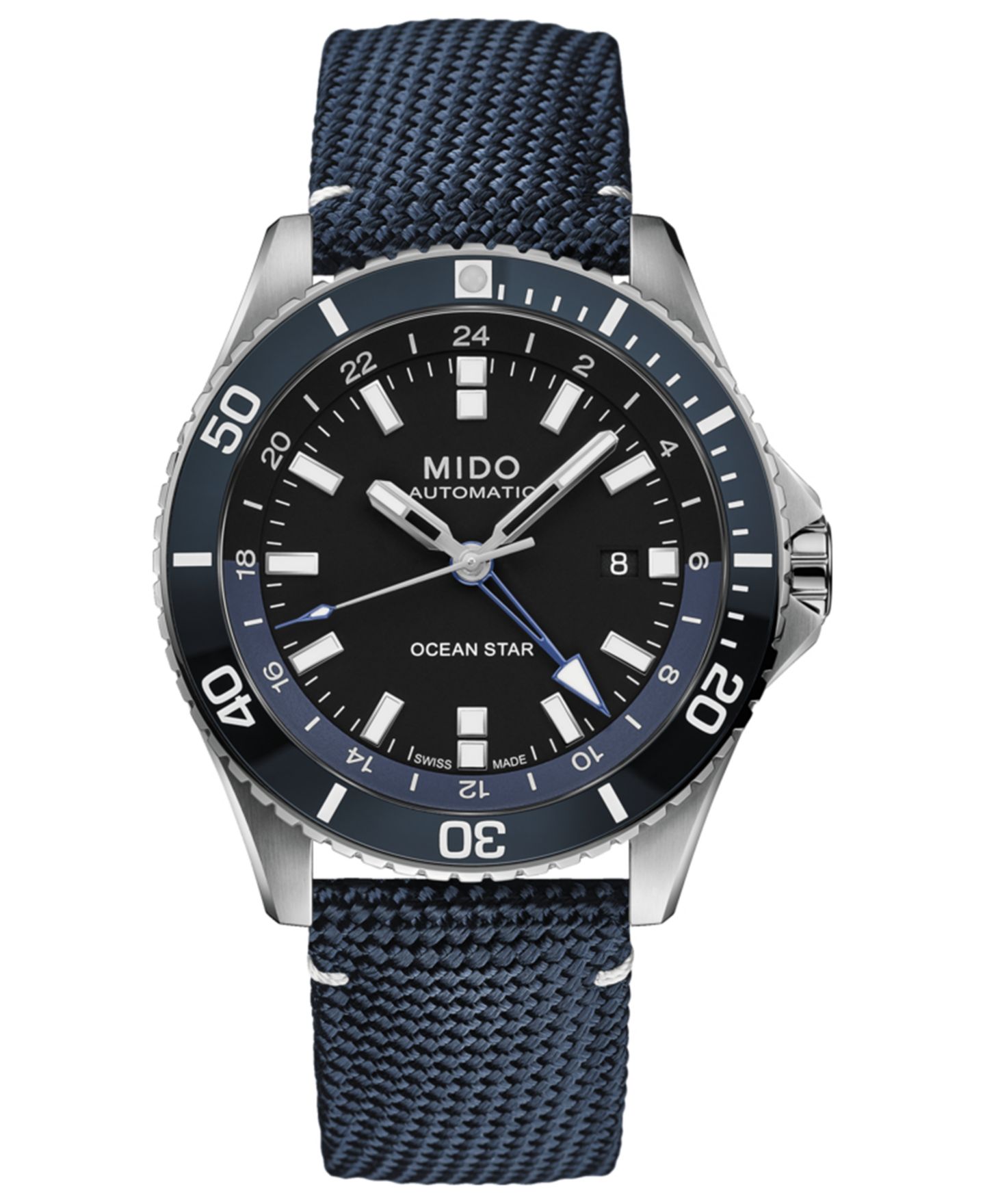 Мужские часы Mido Swiss Automatic Ocean Star GMT Blue Fabric Strap Watch 44mm — фото 1