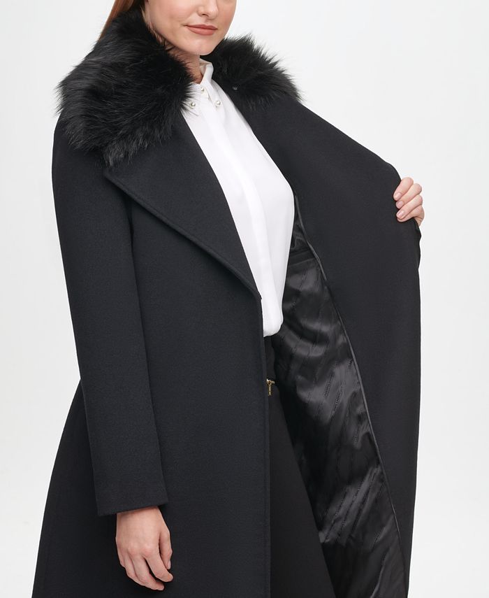 Karl Lagerfeld Paris Women's Faux Fur Collar Belted Wrap Coat & Reviews ...