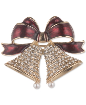 image of Anne Klein Gold-Tone Crystal & Imitation Pearl Bell & Bow Pin