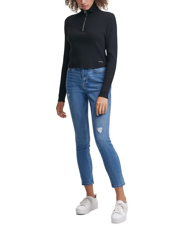 Calvin Klein Jeans Women's One Shoulder Turtleneck Top Black Size Medium