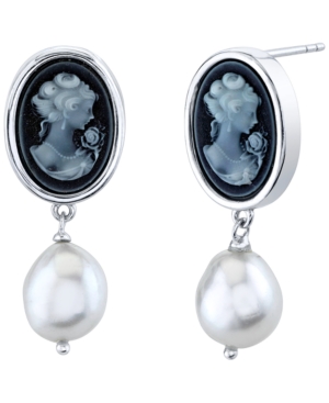 image of Cultured Freshwater Pearl (9mm) & Black Agate Cameo Drop Earrings in Sterling Silver