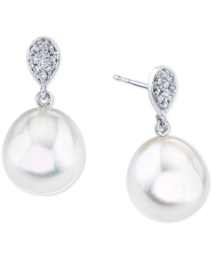 image of Cultured Oval Freshwater Pearl (11mm) & Diamond (1/6 ct. t.w.) Drop Earrings in 14k White Gold