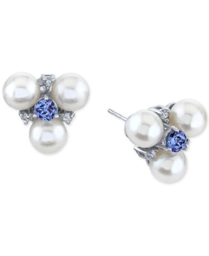 image of Cultured Freshwater Pearl (6mm), Tanzanite (1/2 ct. t.w.) & Diamond (1/10 ct. t.w.) Stud Earrings in 14k White Gold