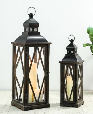 Set of 2&nbsp; Black Farmhouse Wooden Lanterns With Diamond Window Frame