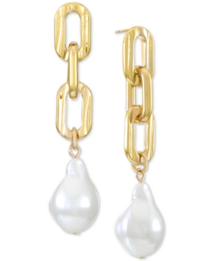 image of Inc Gold-Tone Imitation Pearl Oval-Link Linear Drop Earrings, Created for Macy-s