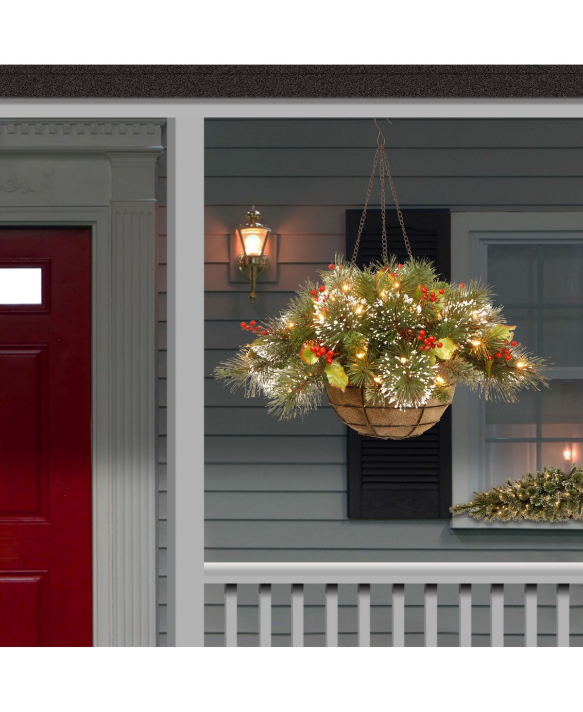 National Tree Wintry Pine(R) Hanging Basket with Battery Operated Warm White Led Lights