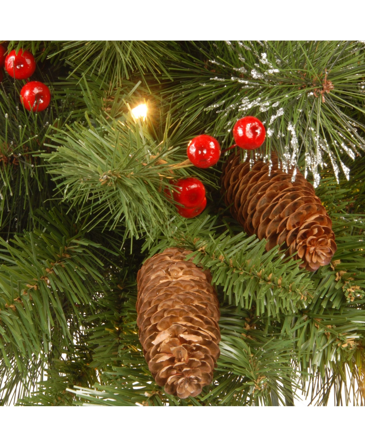 National Tree Company Crestwood Spruce Tree w Silver Bristle, Cones, Berries and Glitter in a Plastic Bronze Pot w Clear Lights