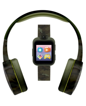 image of Kid-s Playzoom Green Camouflage Print Tpu Strap Smart Watch with Headphones Set 41mm
