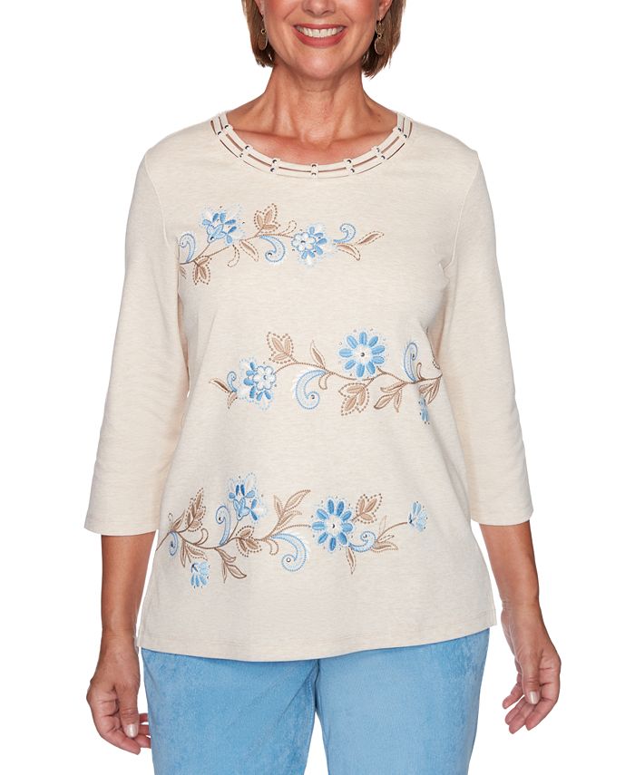 Alfred Dunner Petite Dover Cliffs Floral Scroll Biadere Embroidered Top ...