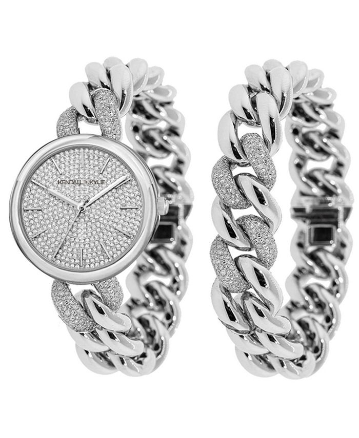 Women's Silver Tone and Crystal Chain Link Stainless Steel Strap Analog  Watch and Bracelet Set 40mm