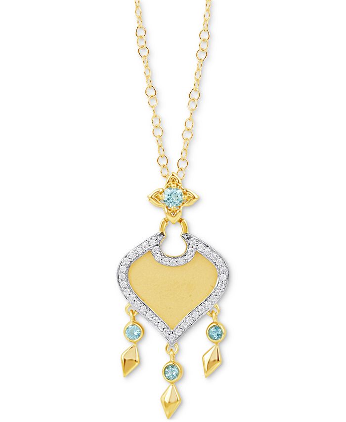 Enchanted Disney Fine Jewelry - Swiss Blue Topaz (1/6 ct. t.w.) & Diamond (1/10 ct. t.w.) Jasmine Pendant Necklace in 10k Gold, 17" + 2" extender