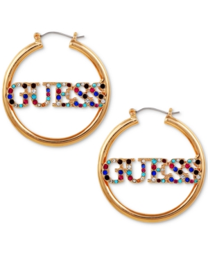 image of Guess Gold-Tone Medium Crystal Logo Hoop Earrings, 1.5