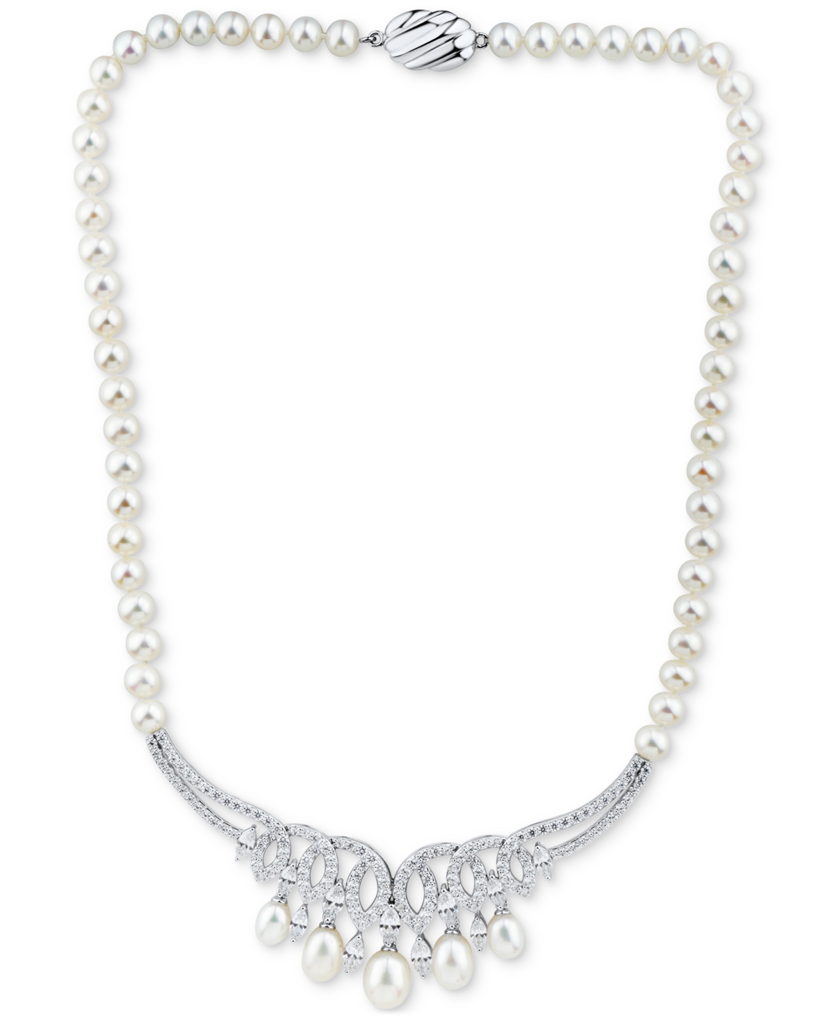 Cultured Freshwater Pearl (6-8-1/2mm) & Cubic Zirconia 17" Statement Necklace in Sterling Silver - Sterling Silver