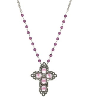 image of 2028 Women-s Pewter Rectangle Amethyst Color Crystal Cross Beaded Necklace