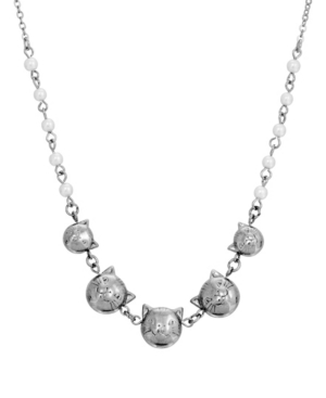 image of 2028 Women-s Silver Tone Multi Cat Imitation Pearl Chain Necklace
