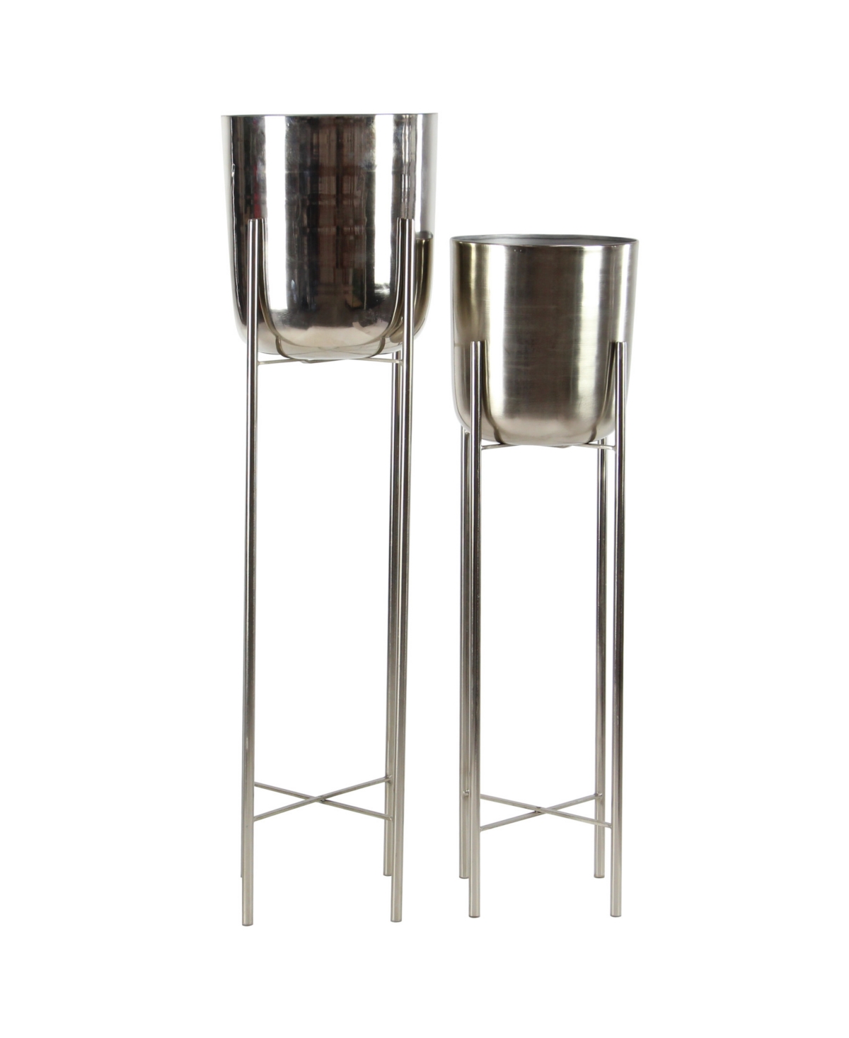 Large Modern Metallic Planters with Stands, Set of 2 - Silver-tone