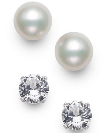 Giani Bernini - 2-Pc. Set Cultured Freshwater Pearl (7-8mm) & Cubic Zirconia Stud Earrings in Sterling Silver