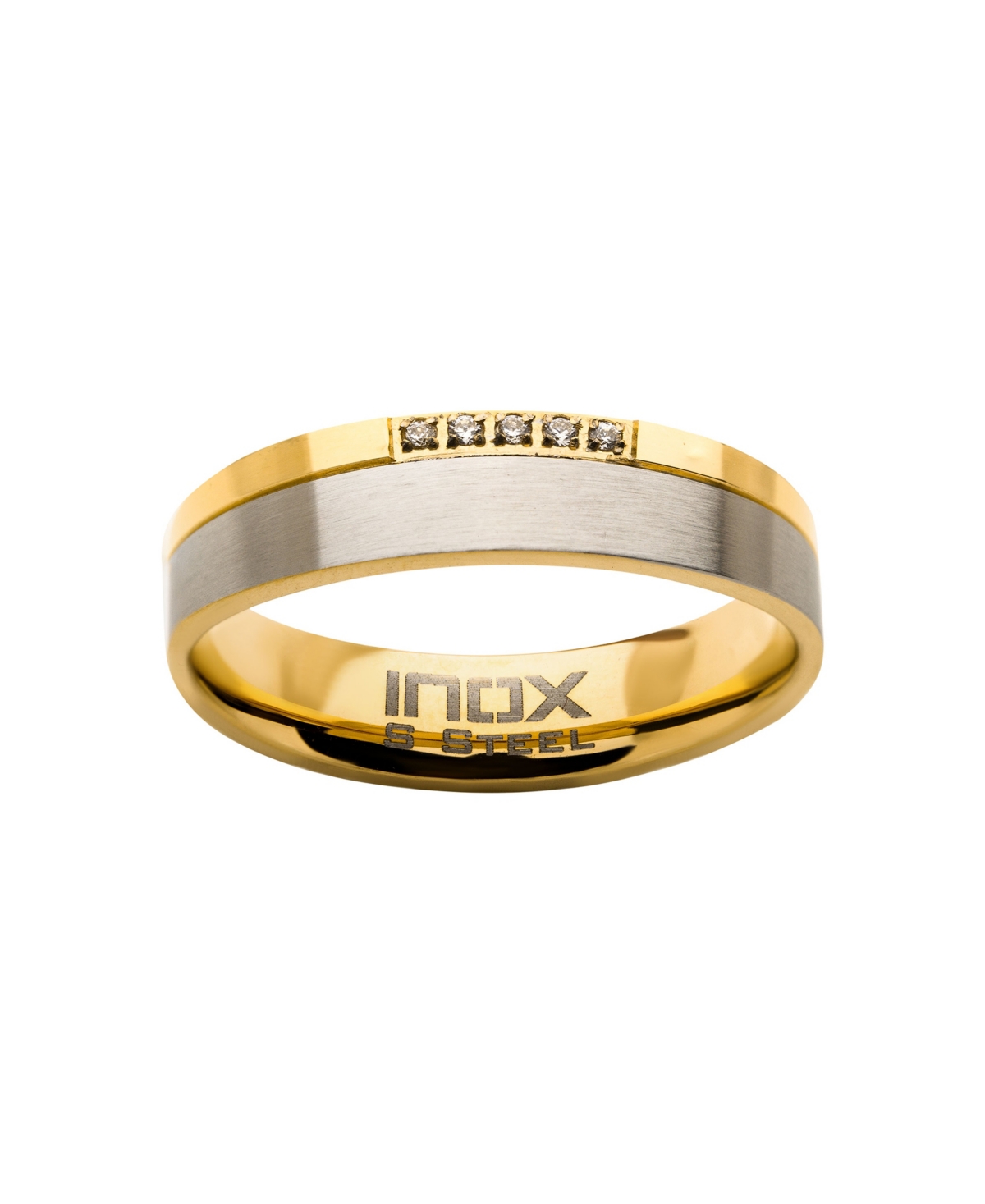 Inox Men's Steel Gold-Tone Plated 5 Piece Clear Diamond Ring