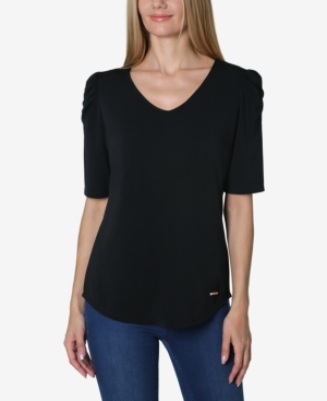 ADRIENNE VITTADINI ELBOW PUFF SLEEVE SOLID V-NECK KNIT TOP