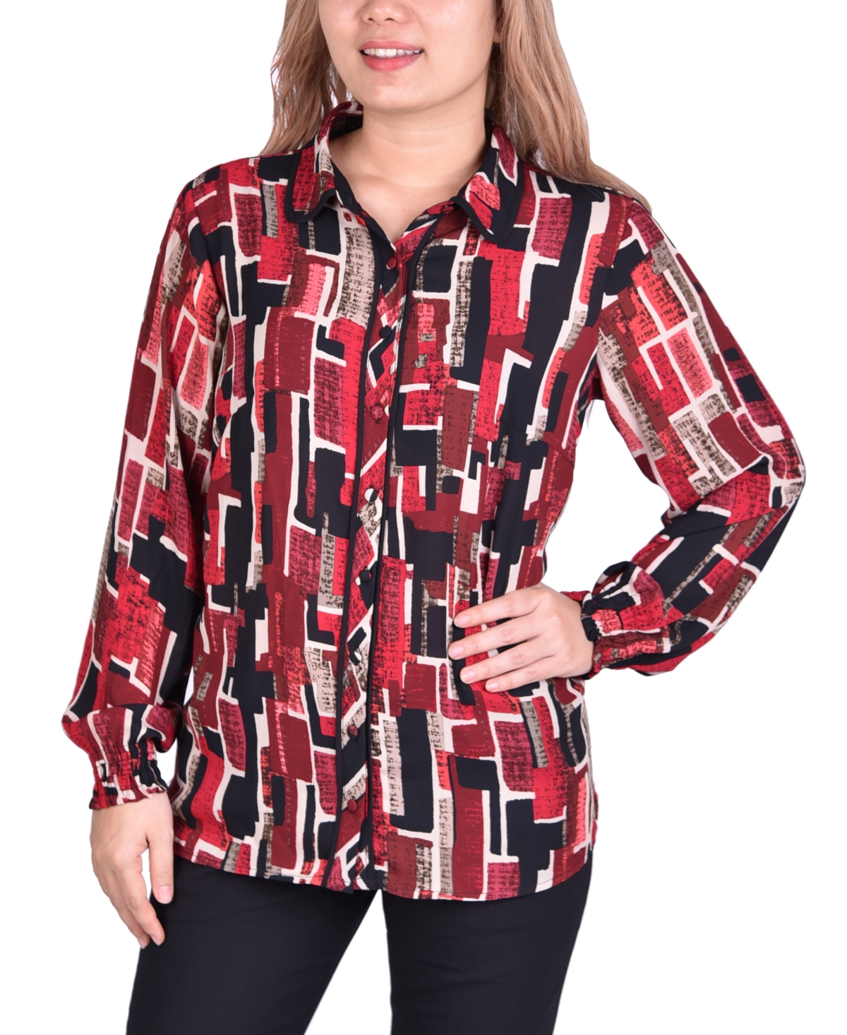 Ny Collection Petite Long Sleeve Crepe Blouse In Brick Print