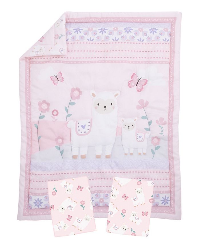 NoJo Infant Girl's Sweet Llama and Butterflies Mini Crib Bedding Set, 3
