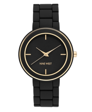 image of Nine West Women-s Gold-Tone and Black Rubberized Bracelet Watch, 38.5mm