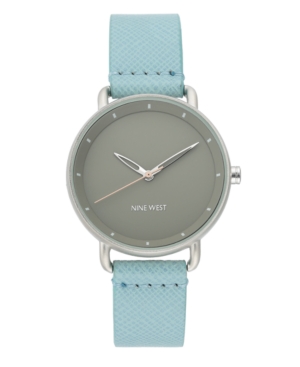 image of Nine West Women-s Silver-Tone and Light Blue Strap Watch, 36mm