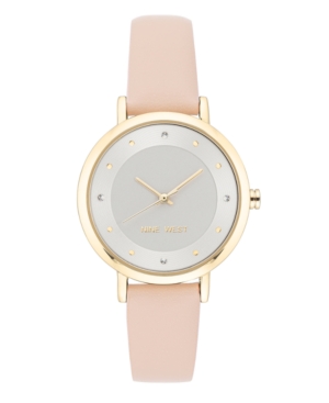 image of Nine West Women-s Crystal Accented Gold-Tone and Light Pink Strap Watch, 34mm