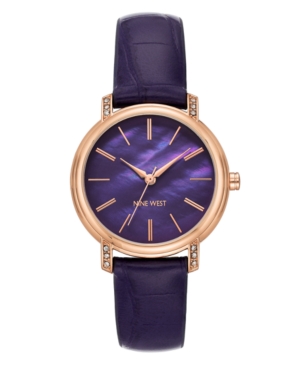 image of Nine West Women-s Crystal Accented Rose Gold-Tone and Purple Croco-Grain Strap Watch, 35mm