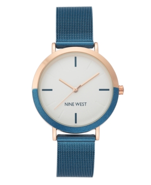 image of Nine West Women-s Rose Gold-Tone and Blue Mesh Bracelet Watch, 36mm