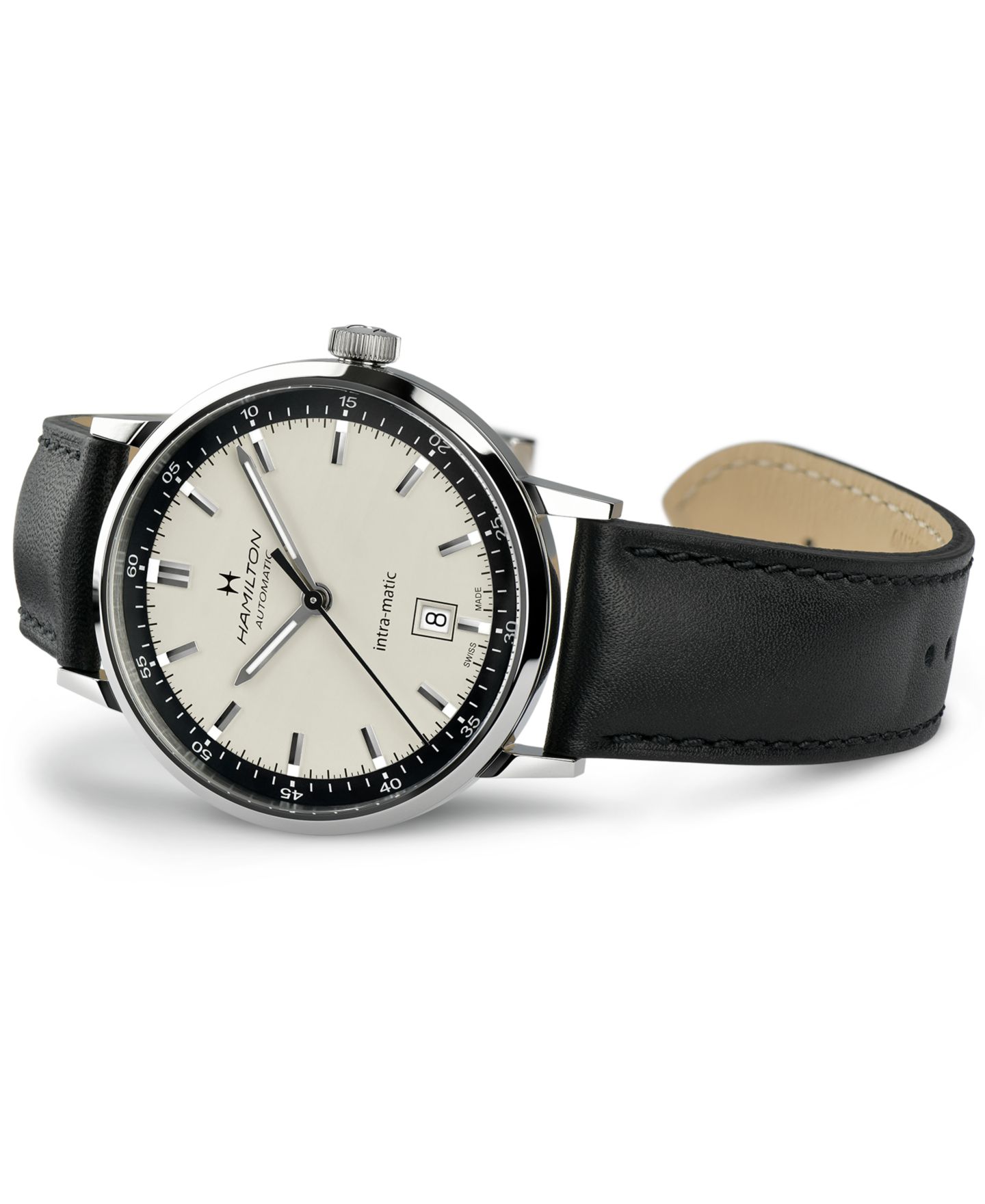 Мужские часы Hamilton Swiss Automatic Intra-Matic Black Leather Strap Watch 40mm — фото 3