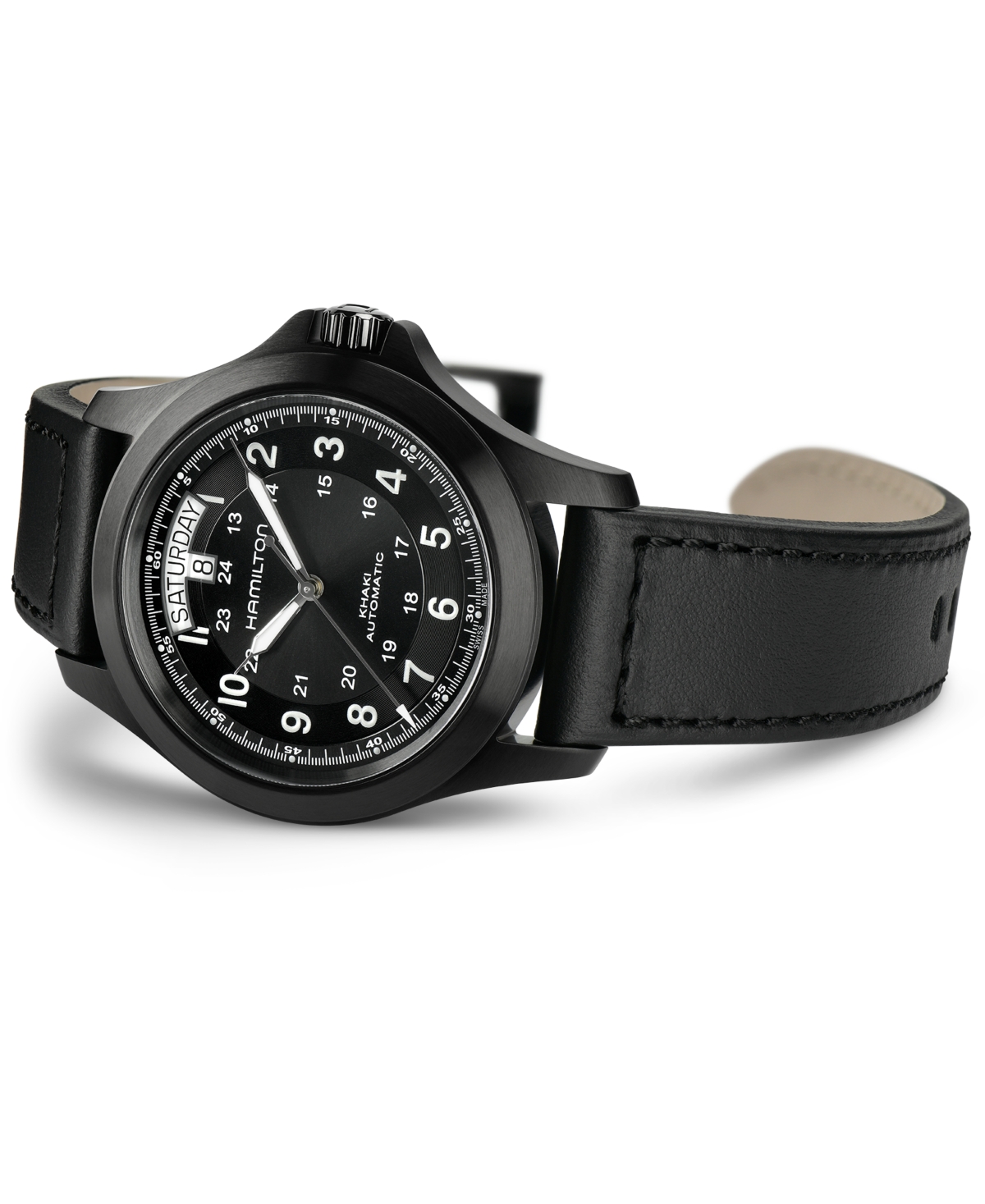 Shop Hamilton Men's Swiss Automatic Khaki Field King Black Leather Strap Watch 40mm