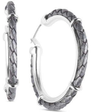 image of Lucky Brand Silver-Tone Medium Braided Leather Hoop Earrings, 1.56