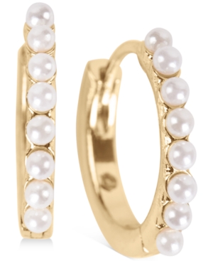 image of Lucky Brand Gold-Tone Small Imitation Pearl Huggie Hoop Earrings, 0.75