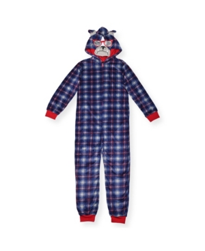 image of Big Boys Plaid Bull Dog Minky Fleece Onesie with Novelty Hood