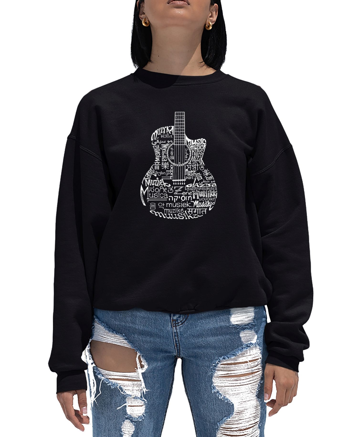Women's Word Art Crewneck Languages Guitar Sweatshirt