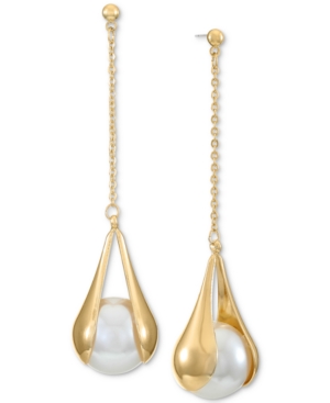 image of Alfani Gold-Tone Chain & Imitation Pearl Linear Drop Earrings, Created for Macy-s