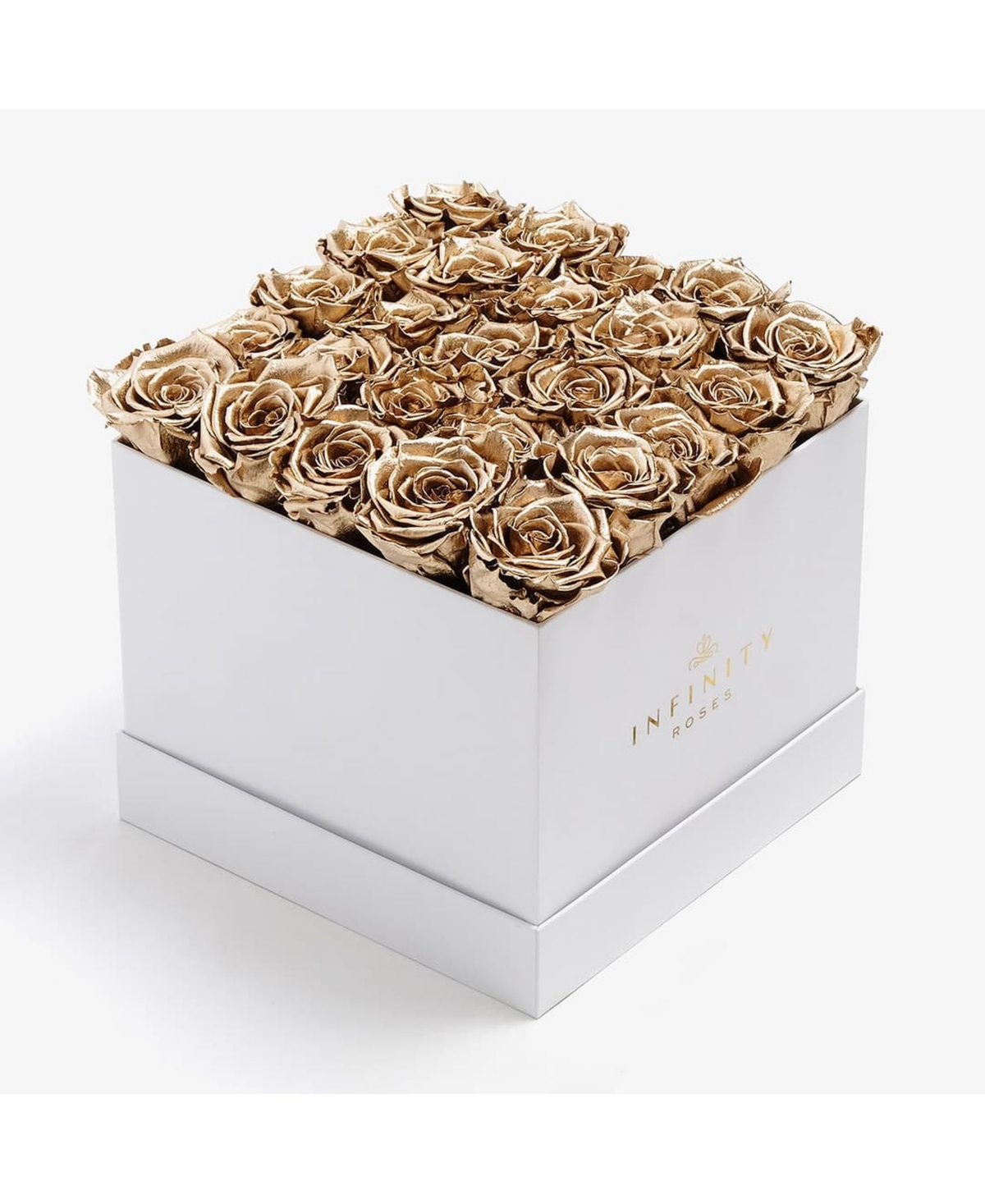 Square Box of 25 Gold Real Roses Preserved to Last Over A Year, Extra Large - Gold-tone