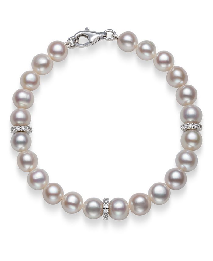 Macy's - Cultured Freshwater Pearl 7-8mm AA Quality and Cubic Zirconia Accent Bracelet in Sterling Silver, 7.5"
