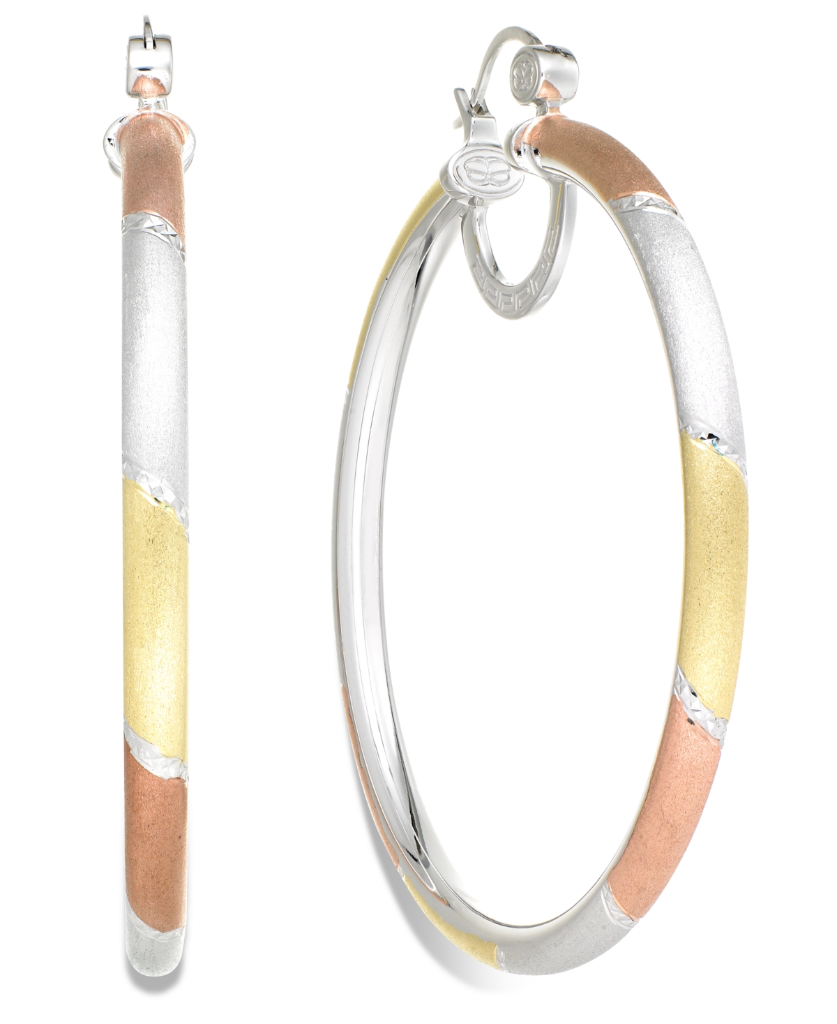 Platinum, 18k Rose Gold and 18k Gold over Sterling Silver Earrings, Extra-Large Tri-Color Hoop Earrings
